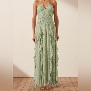 SHONAJOY AURORE RUCHED FRILL MAXI DRESS